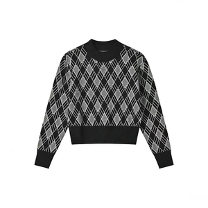 Maglione Casual da Donna a Maniche Lunghe con Collo Rotondo, Motivo Argyle <span class=keywords><strong>Bianco</strong></span> e Nero all'Uncinetto - Product Image 3