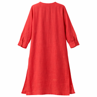 Gaun Kasual Midi Wanita Model Henley Kancing Lengan Panjang Kerah Bulat Aksen Bunga Aplikasi Warna Merah Beige Bahan Campuran Linen Katun dengan Belahan Samping