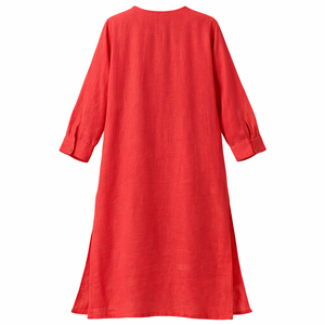 <span class=keywords><strong>Abito</strong></span> Casual Midi Personalizzato da Donna <span class=keywords><strong>in</strong></span> Misto <span class=keywords><strong>Lino</strong></span> e Cotone Rosso <span class=keywords><strong>Beige</strong></span> con Applicazioni Floreali Collo Rotondo Bottoni Henley Manica Lunga con Spacco Laterale - Product Image 3