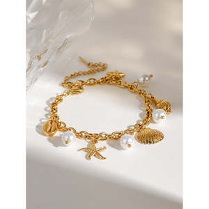 Bracelet en acier inoxydable avec pendentif étoile de mer et coquillage en or 18 carats et perle, bijoux pour femmes, à porter au quotidien - Product Image 2