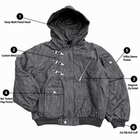 Veste bomber pour homme XINHUI en denim épais personnalisé, à capuche et fermeture éclair, style streetwear urbain, vente en gros OEM ODM