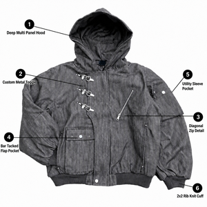 XINHUI Custom Heavy <b>Denim</b> Hooded Toggle-Closure <b>Men's</b> Bomber <b>Jacket</b> Utility Streetwear Urban Outerwear OEM ODM Wholesale - Product Image 1