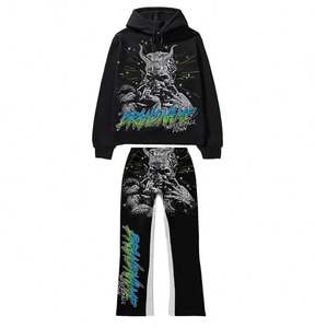 Nouveaux survêtements sérigraphiés surdimensionnés à la mode de haute qualité Hip Hop français Terry pantalons de survêtement évasés et ensembles de sweat à capuche - Product Image 3