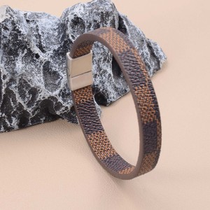 Checkered <b>Leather</b> <b>Bracelet</b> Magnetic Clasp 7.5 8.5 9 Inches Geometric Pattern Fashion Cuff Jewelry For Men Women - Product Image 2