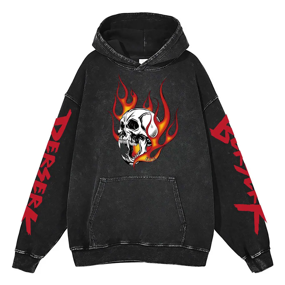 Hoodie jalan Hip-Hop Retro tanpa garis desain kesatria tengkorak Rampage untuk pria wanita teknik cuci enzim 300 gram berat kain