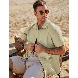 FOXA Men's Seersucker Short Sleeve Button Down Shirt Breathable Casual Beach Summer <b>Wedding</b> <b>Top</b> - Product Image 2