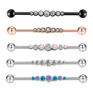 NUORO 14G Long Stainless Steel Double Ear Hole Earrings Piercing Jewelry 7 Zircon Ear Bone Industrial Barbell Straight Ear Studs