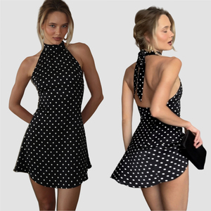 เดรสผูกคอทรงเอไลน์ลายจุดสไตล์ฝรั่งเศส ดีไซน์เก๋ไก๋ ช่วยกระชับสัดส่วน ทรงมินิเดรส วินเทจ ชิค - Product Image 1
