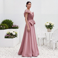 Robe de soirée élégante en satin rose poudré, épaules dénudées, plissée 3D, grand nœud, coupe trapèze, longueur ras du sol, pour occasions formelles et fêtes