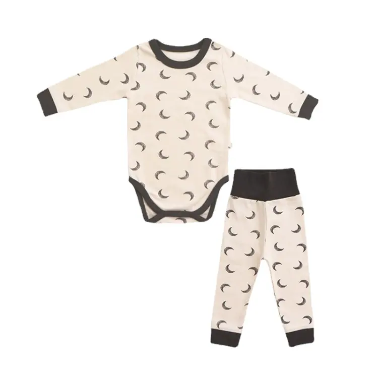 HY-274 Long Sleeve Autumn Cute Moon Pattern Rompers+ High Waist Pants Organic Cotton Baby Sweatshirt Romper
