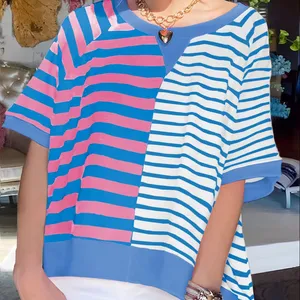 2024 Summer Casual Pink Blue Stripe Yellow Stripe Green Contrast Patchwork Oversized T Shirt