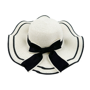 <b>Straw</b> <b>Hat</b> Wide Brim Sun Protection Beach Wear Off White With Black Ribbon Female Summer 2024 - Product Image 2