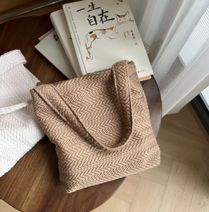 Sac à bandoulière en toile pour femme, petit sac à bandoulière avec texture tissée à motifs, couleur camel, fermeture éclair simple, sac de shopping - Product Image 4