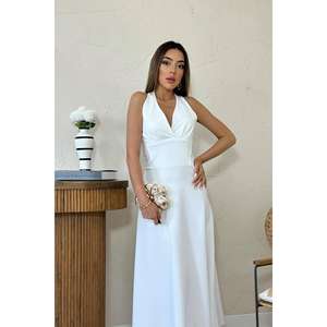 Robe de soirée élégante blanche en satin, sans bretelles, coupe trapèze, dos nu, taille naturelle, anti-plis - Product Image 3