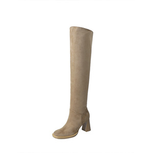 Stivali Alti Vintage in Finta Pelle Scamosciata Color Cammello, Tacco Grosso, Punta Rotonda, Stivali da Equitazione Invernali, Scarpe Casual per Uso Quotidiano all'Aperto - Product Image 1