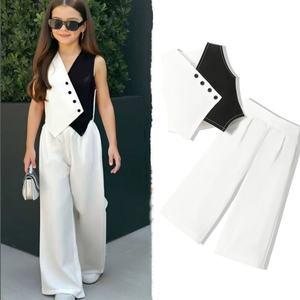 도매 유아 여아 의류 세트 민소매 솔리드 패치워크 조끼 상의 + 캐주얼 바지 2종 의상 세트 - Product Image 1