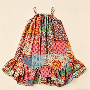 Abbigliamento per Bambine, Vestito Estivo Bohémien con Patchwork, Morbido Abito Principessa - Product Image 2