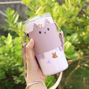 ปลอกหุ้มแก้วกาแฟหนัง PU แบบใช้ซ้ำได้ ที่ใส่แก้วน้ำลายแมวน่ารัก พร้อมสายสะพาย - Product Image 5