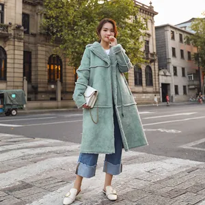 Winter Women Thick Warm Suede Lamb Jacket long light green color Coats Faux Shearling Sheepskin Jackets Outwear