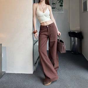 Jeans da <span class=keywords><strong>Donna</strong></span> <span class=keywords><strong>Marroni</strong></span> Vintage con Cerniera, Stile Casual, Gamba Dritta, Vita Media, in Denim Traspirante, per la Stagione Autunnale - Product Image 2