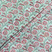 Tissu en coton pur artisanal imprimé à la main avec motifs floraux sur toute la surface, vert menthe clair et rose corail, imprimé au bloc artisanal