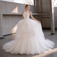 Robe de mariée col rond dos nu en tulle avec nœud, jupe bouffante drapée en satin, grande taille, fleurs personnalisées, vente en gros