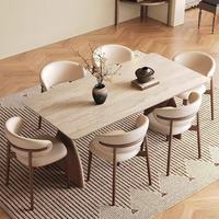 Table à manger en bois massif de style vintage américain avec plateau en travertin, table à manger de style français du milieu du siècle pour la maison