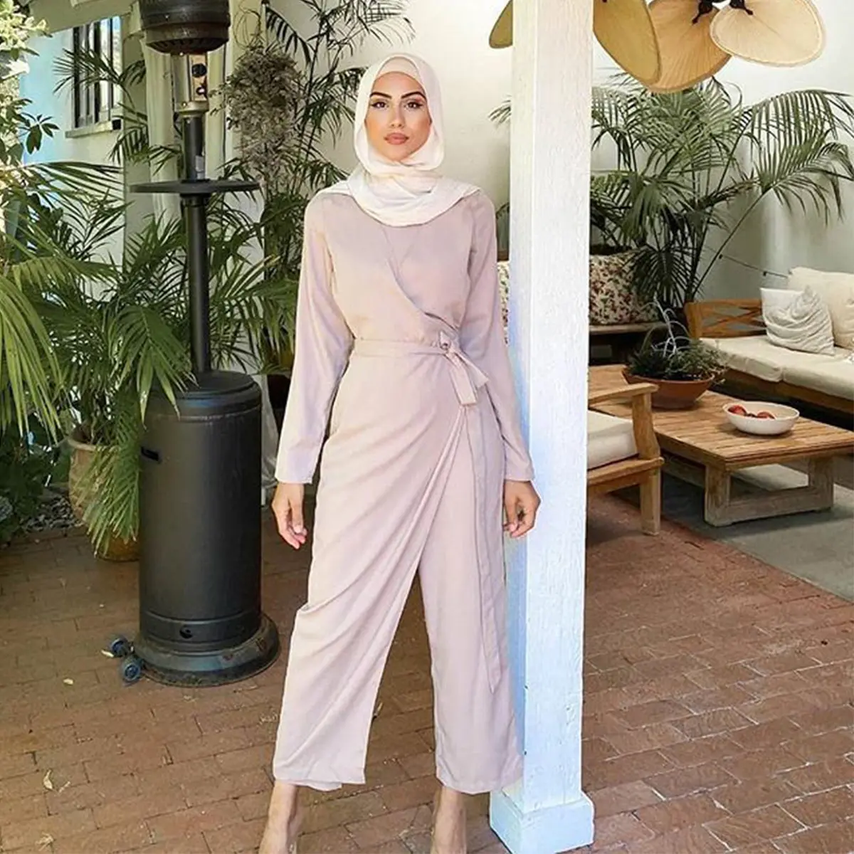 Kadın zarif katı tulum tulum ofis moda bayanlar uzun kollu geniş bacak gevşek pantolon müslüman giyim