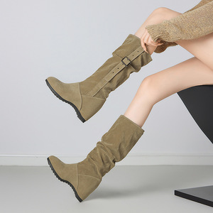 Brown Suede <b>Knee</b>-<b>High</b> Boots Round Toe Wedge Heel Buckle Strap Comfort Wear Drop Shipping - Product Image 3