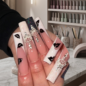 Venta al por mayor de 24 uñas postizas largas estilo francés con pedrería de corona, cobertura completa, forma ataúd, marca privada, uñas acrílicas de lujo ABS - Product Image 3