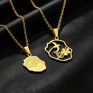 Nouveau collier pendentif pour hommes et femmes, motif îles de la <span class=keywords><strong>Guadeloupe</strong></span>, de la Martinique et de la Réunion, cocotier, gecko, fleur d'hibiscus - Product Image 3