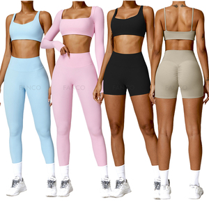 Vente en gros 4 pièces Ensemble de yoga T-shirt rembourré Soutien-gorge de course Leggings d'entraînement Shorts de sport Combinaison de sport Vêtements de sport Athlétique Ensemble d'exercice - Product Image 1