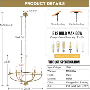 Mamikulu Modern Minimalist Gold Candle Chandeliers, Dining Room Lighting Hanging Metal Hanging Lamp -6 <strong>Lights</strong> - Product Image 6
