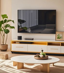 Meuble TV et table basse combinés, luxe moderne, salon, long meuble de rangement au sol - Product Image 6