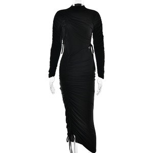 เดรสทรงเข้ารูปแขนยาวมีเชือกรูด กระโปรงยาวคอสูง ชุดราตรี - Product Image 5