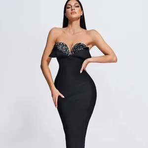 SB2686 Off Shoulder Black Midi Dress Sleeveless Sequin Crystal Party Dresses Bodycon Maxi Bandage Dress