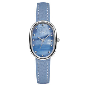 Montre pour femme au design original, cadran ovale, boîtier en nacre, bracelet en cuir, montre-bracelet à quartz élégante - Product Image 6