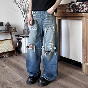 Wholesale Distressed Washed & Frayed Baggy <b>Jeans</b> <b>High</b> Street <b>Jeans</b> for <b>Men</b> <b>High</b> <b>Waist</b> Casual Long Pants Stock <b>Jeans</b> for <b>Men</b> - Product Image 2