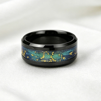 Bague de mariage tendance en tungstène 8 mm avec incrustation de sable bleu-vert et feuilles d'or, bord biseauté, ajustement confortable, pour homme et femme
