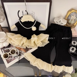 Tongxingyuan Girls Summer Korean Style Black Swan Ruffled Flared Pants Two Piece Set Cotton Casual Outfit - Product Image 4