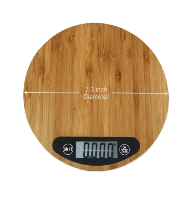 Vente en gros de balance électronique de cuisine domestique ronde en bambou appareil de mesure de poids numérique avec batterie certifiée Rohs