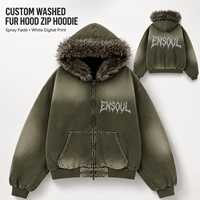 OEM Vintage Monkey Blouson d'hiver zippé pour homme, effet délavé, avec fausse fourrure amovible, grammage lourd, imprimé lettres, coupe oversize, style streetwear