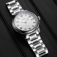 Montre automatique pour homme, boîtier argenté, cadran guilloché, chiffres arabes, fenêtre de date, bracelet en acier à cinq rangs, style business
