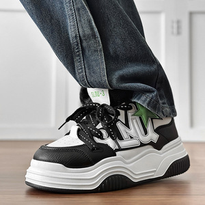 Baskets plateforme épaisses décorées d'étoiles, en cuir noir et blanc, à semelle épaisse, basses, style streetwear décontracté - Product Image 4