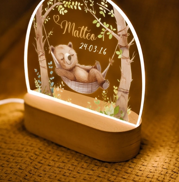 Factory Direct Supply USB Dimmed LED Night Light with RGB Solid Wood Luminous Base DIY Acrylic Wood Holder Battery Powered