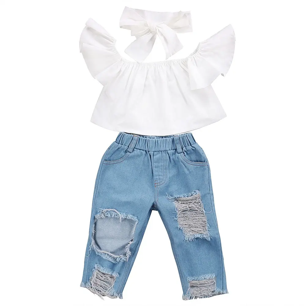 WHS25 Summer New Fashion 2PCS Clothing Set white Top+Jeans baby girls clothes