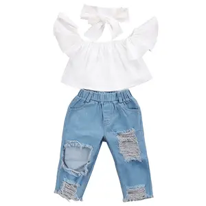 WHS25 yaz yeni moda 2 adet giyim seti beyaz Top + kot pantolon bebek kız giysileri