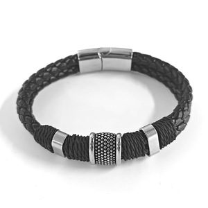 Custom Made Men's Stainless Steel <b>Leather</b> <b>Bracelet</b> Black Steel Color Geometric Design Gift Jewelry YM 0157 - Product Image 3