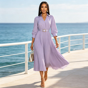 Robe chemise plissée grande taille à manches longues avec ceinture, coupe trapèze mi-longue, couleur unie, pour le bureau ou les soirées - Product Image 1