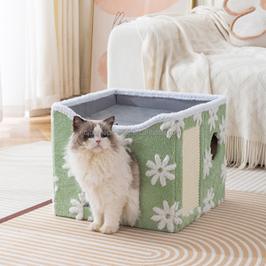 Modernes Quadratisches Stoff-Klappbett für Haustiere 41x41x35cm Ganzjährig Winterwarm Leicht zu Reinigen für Katzen und Hunde Grau/Rosa/Beige - Product Image 5